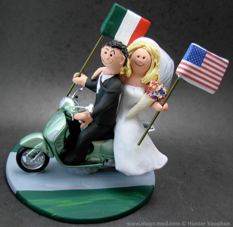 Vespa scooter riders wedding cake topper